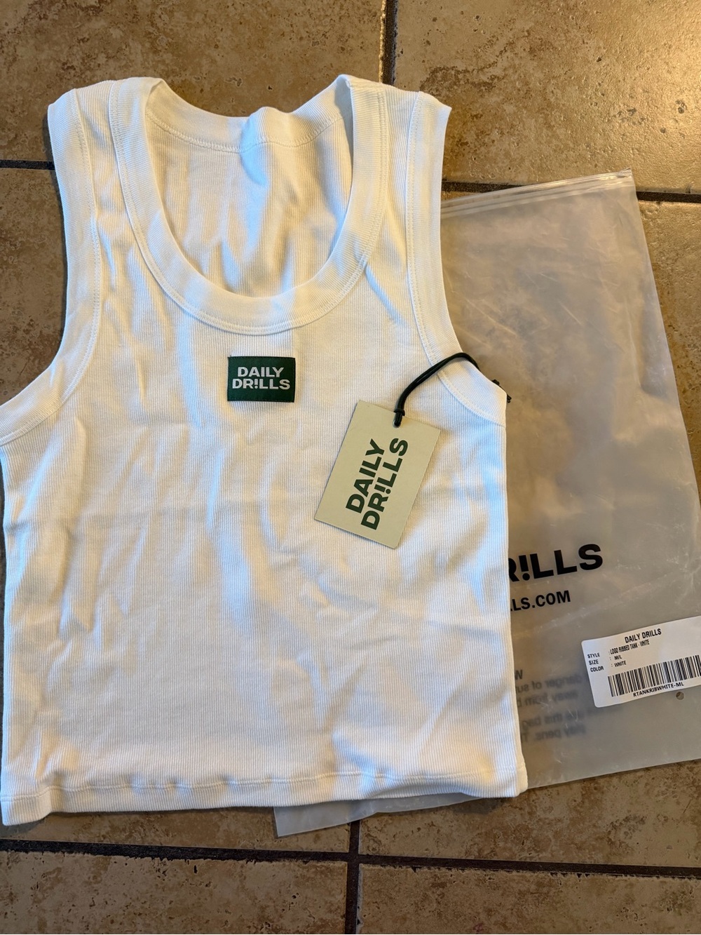 Daily Drills White Ribbed Tank with Green Logo Patch